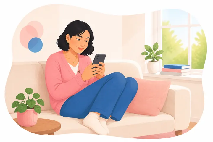 Illustration of a woman curled up on the sofa with her phone