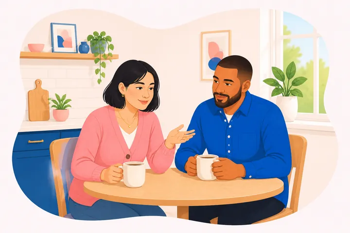 Illustration of a couple talking over coffee at a small table