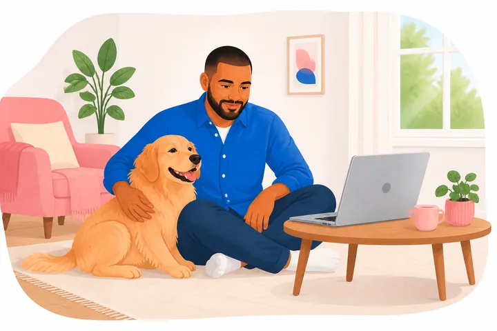 Illustration of a man relaxing with his dog beside a laptop