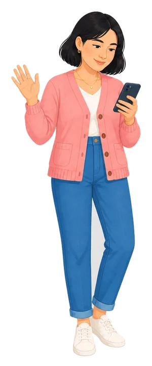 Illustration of a woman waving hello with her phone