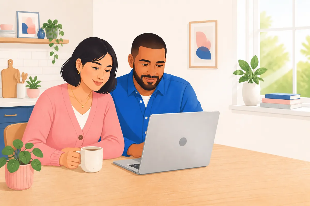 Illustration of a couple at their kitchen table looking at a laptop together